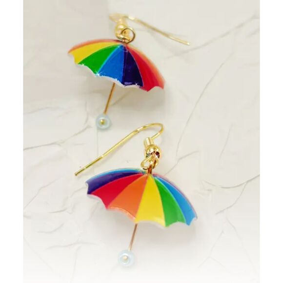 Fun Dangle Umbrella Earrings in Rainbow Colors & Pearl Handle - Picture 4 of 4